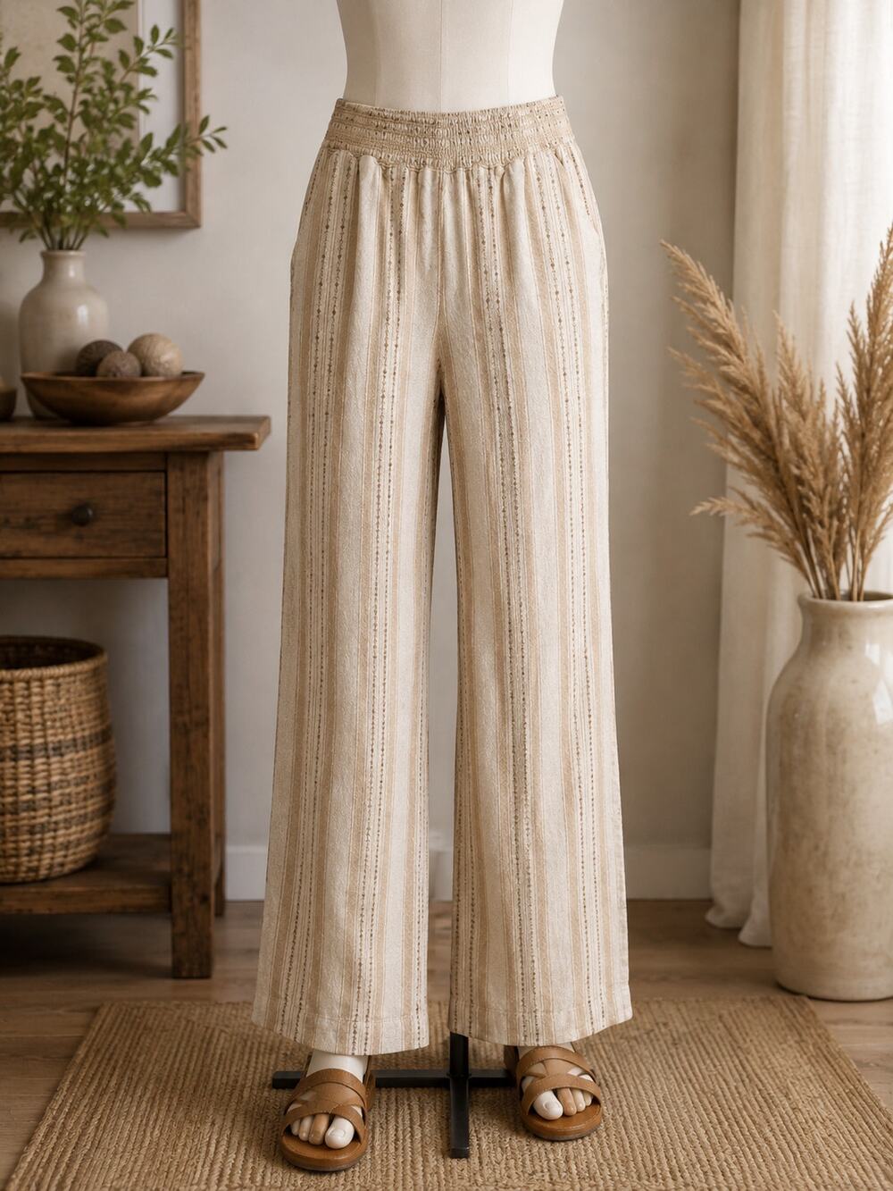 Briggs Women’s Medium Linen Blend Pants Beige Striped Pull On Boho Wide Leg